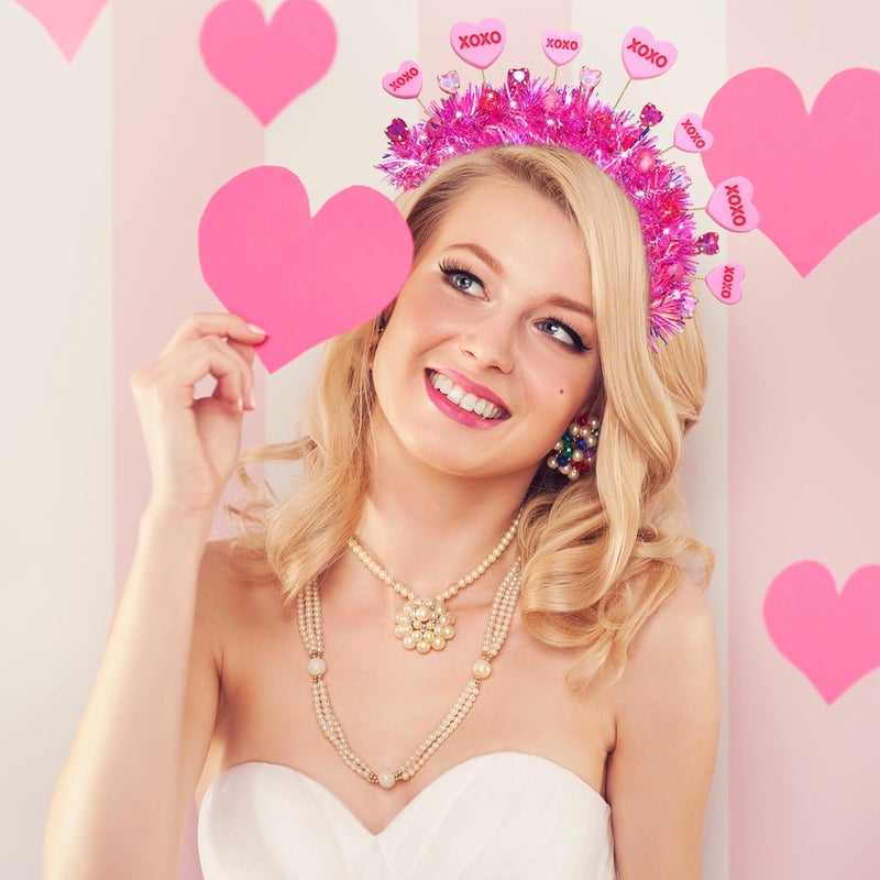 BVGA Valentines Headbands for Women Hot Pink Tinsel Wrapped Headpiece Heart Rhinestone Hairband Valentines Gifts for Her - Image 3